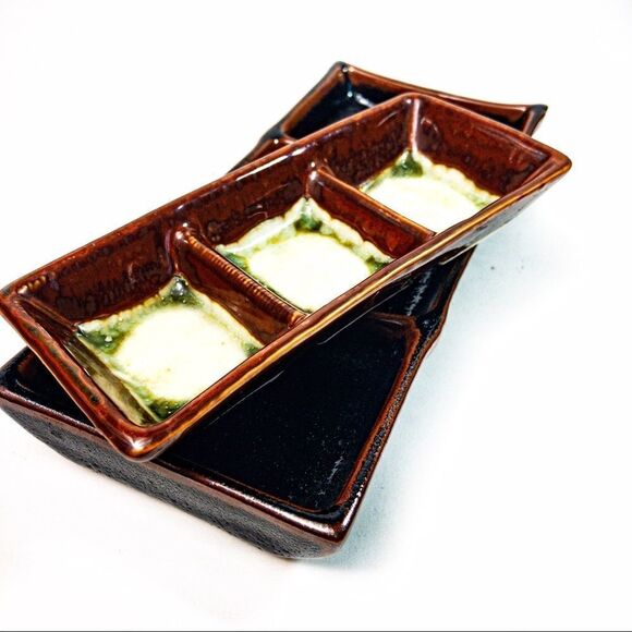 Two Ceramic 3-Saucer Soy, Ginger, Wasabi Serving Dishes - Picture 5 of 7